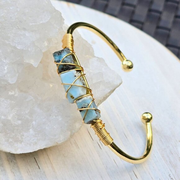 Larimar Wire Wrap Cuff – 14Kt Gold Over Copper – Ocean Calm & Peace Talisman - Picture 3 of 12